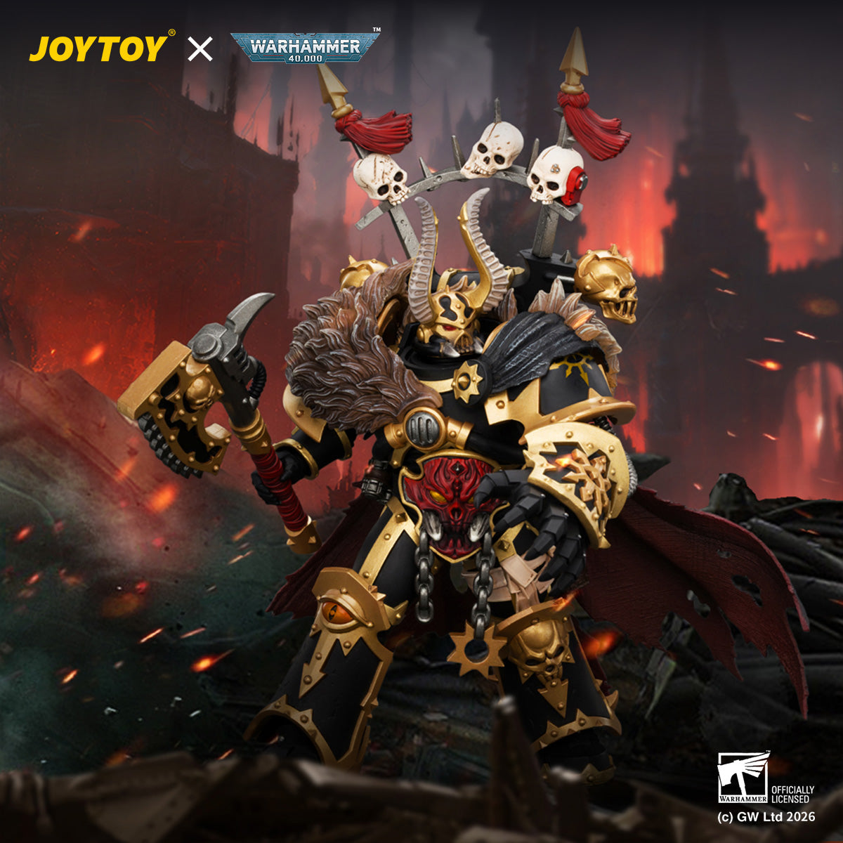 JOYTOY Warhammer 40K Action Figure Black Legion Chaos Lord with Power Fist, Plasma Pistol and Astartes Chainblade