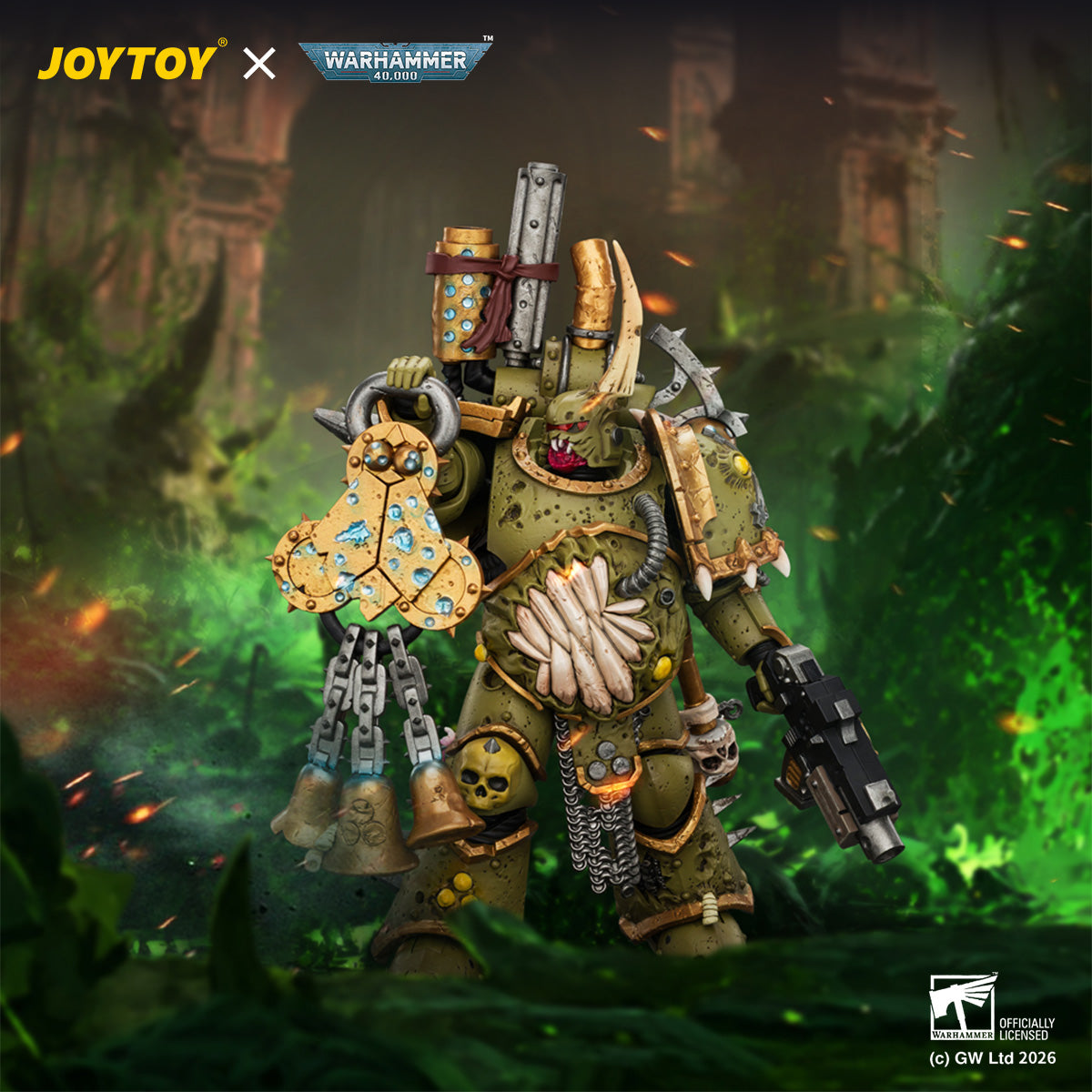 JOYTOY 1/18 Warhammer 40K Action Figure Death Guard Plague Marine 1 with Boltgun and Icon of Despair