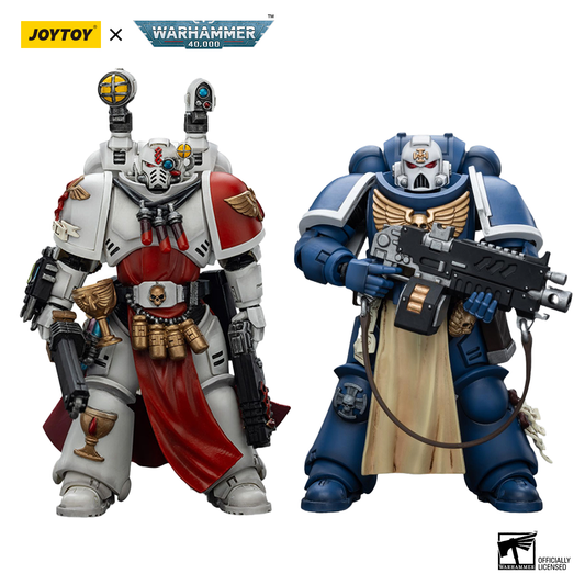 JOYTOY  Warhammer  40k  1/18  Action Figure Blood Angels Sanguinary Priest with Heavy bolt pistol, chainsword and narthecium & Ultramarines Sternguard Veteran with Auto Bolt Rifle