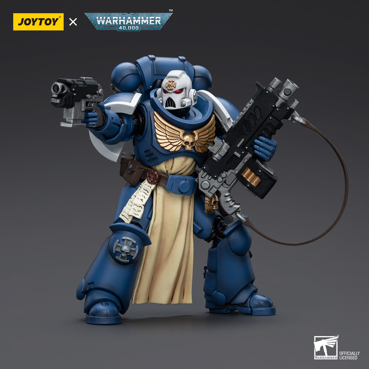 JOYTOY  Warhammer  40k  1/18  Action Figure Blood Angels Sanguinary Priest with Heavy bolt pistol, chainsword and narthecium & Ultramarines Sternguard Veteran with Auto Bolt Rifle
